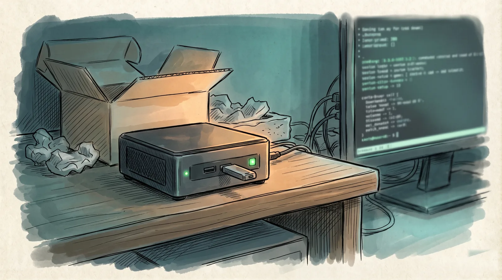 A small mini PC freshly unboxed on a shelf with a USB stick plugged in, a terminal mid-install glowing on a nearby screen