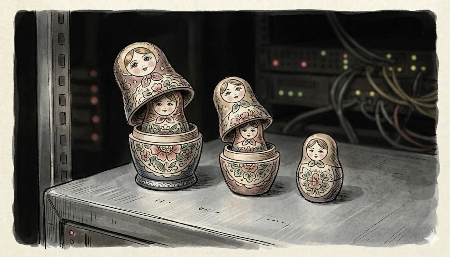 Nesting dolls on a server rack, representing Docker inside LXC containers