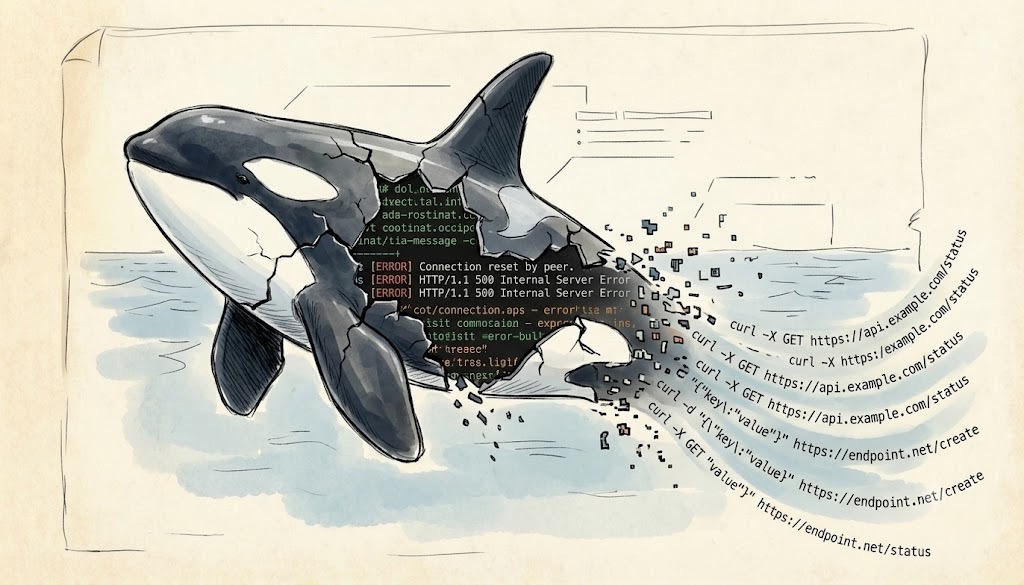 An orca whale fracturing apart, error logs and curl commands spilling out, watercolor sketch style