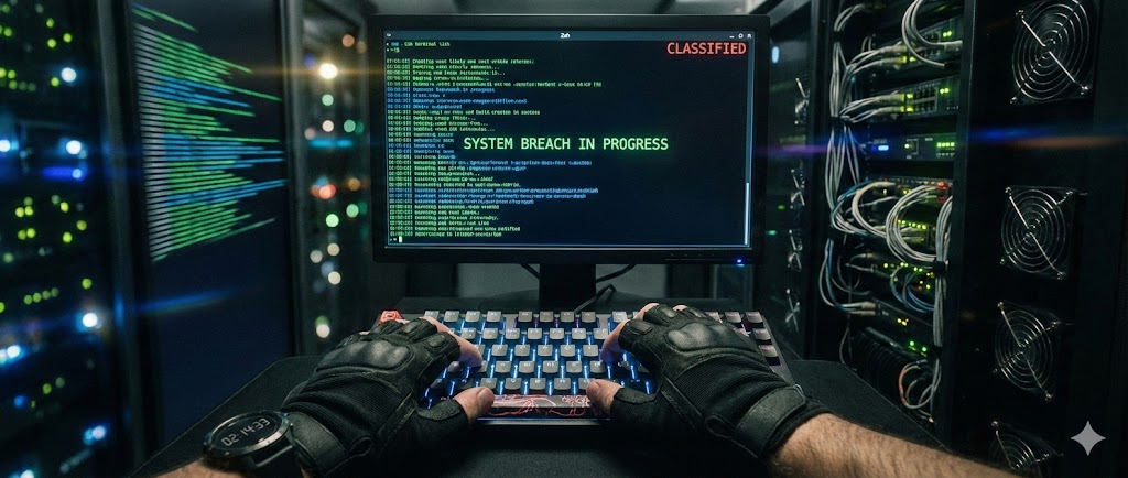 Un'interfaccia terminale high-tech che brilla nel buio